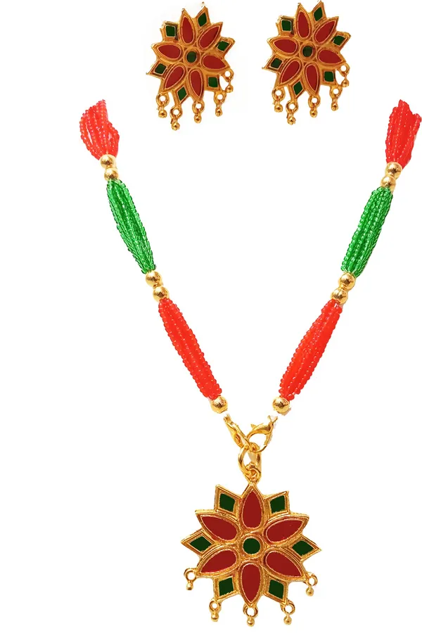 Assamese_Traditional_Gold_Plated_Red_Green_Color_Star_Design_Tassel_Jewellery_Set_For_Women_&_Girl